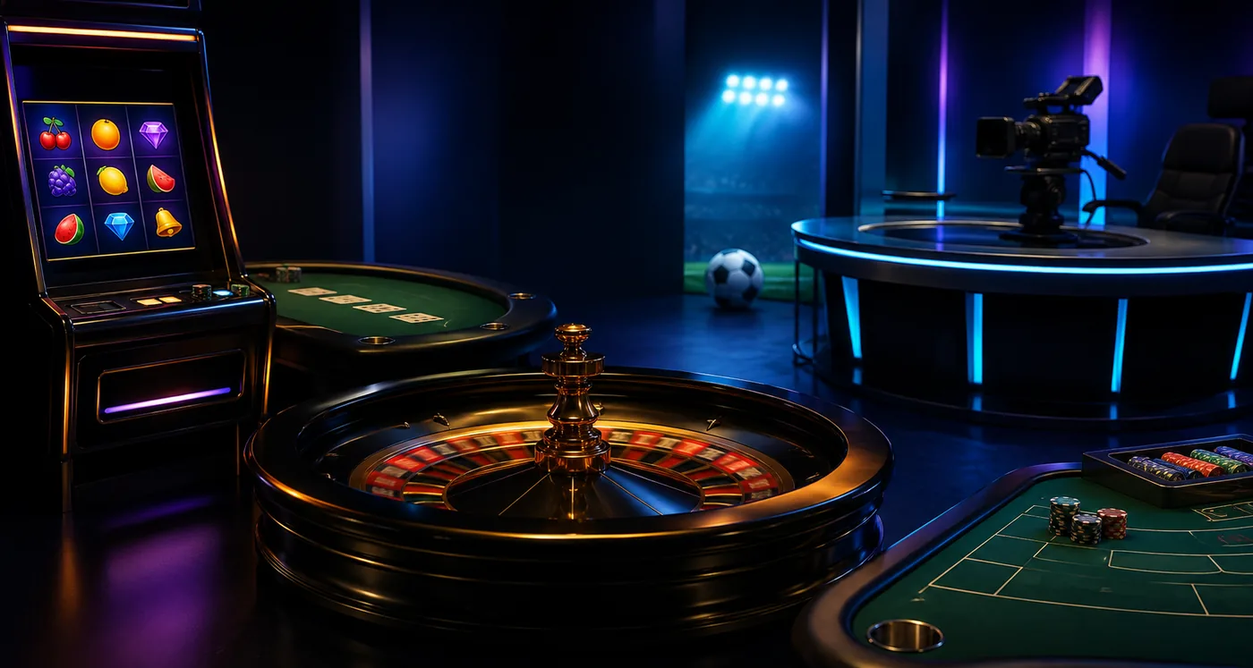 Panorama slot, meja kartu, roulette dan suasana olahraga generik