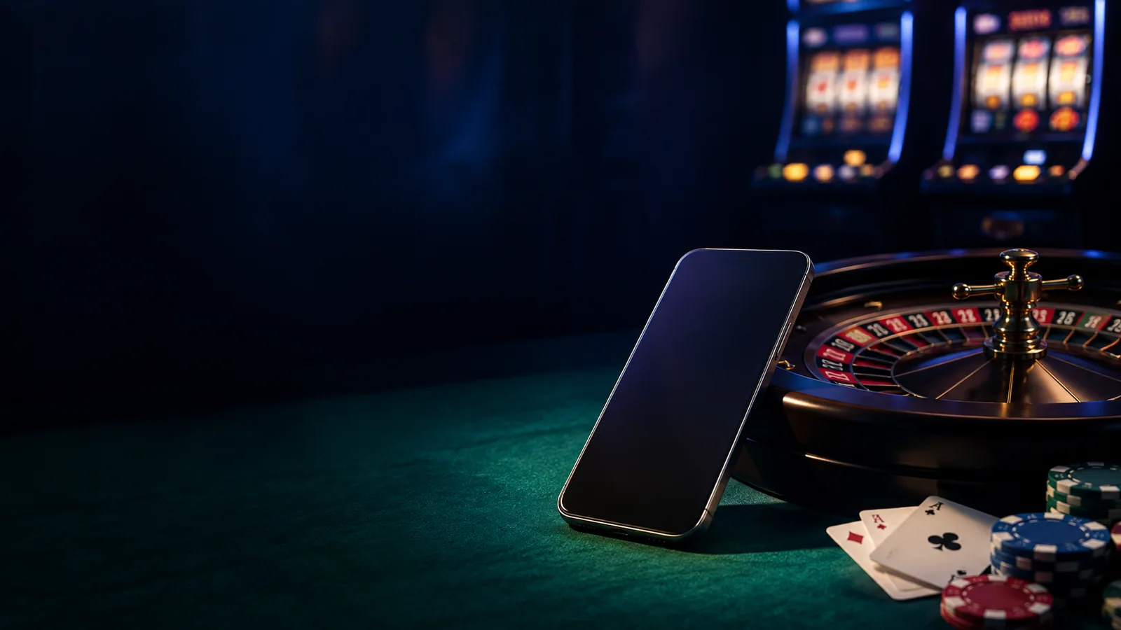 Suasana kasino digital malam dengan ponsel, roulette, dan kartu tanpa merek
